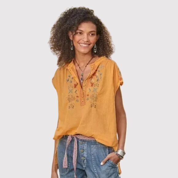 Johnny Was Womens Top Yellow Biya Haddie Embroidered Short Sleeve Blouse Small - Picture 1 of 11